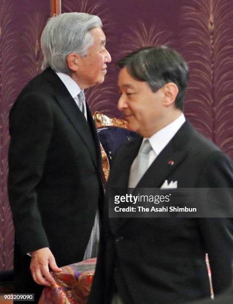 Emperor Akihito and Crown Prince Naruhito attend the 'Kosho-Hajime-no-Gi', the first lecture of the year, at the Imperial Palace on January 10, 2018...
