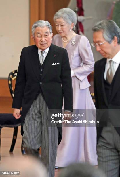 Emperor Akihito and Empress Michiko attend the 'Kosho-Hajime-no-Gi', the first lecture of the year, at the Imperial Palace on January 10, 2018 in...