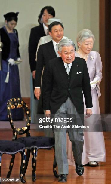 Emperor Akihito, Empress Michiko and royal family members attend the 'Kosho-Hajime-no-Gi', the first lecture of the year, at the Imperial Palace on...