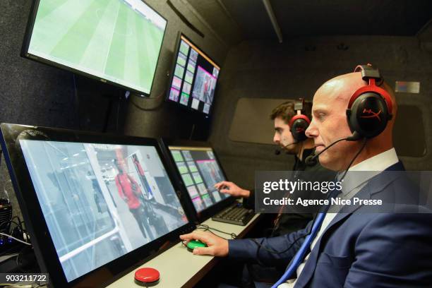 Amaury Delerue assistant video referee during the League Cup match between Nice and Monaco at Allianz Riviera Stadium on January 9, 2018 in Nice,...