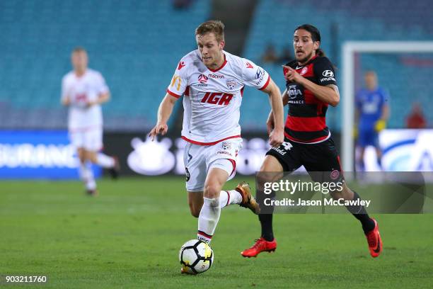 Ryan Kitto of Adelaide controls the ball during the round 15 A-League match between the Western Sydney Wanderers and Adelaide United at ANZ Stadium...