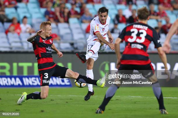 Nikola Mileusnic of Adelaide takes a shot at goal during the round 15 A-League match between the Western Sydney Wanderers and Adelaide United at ANZ...