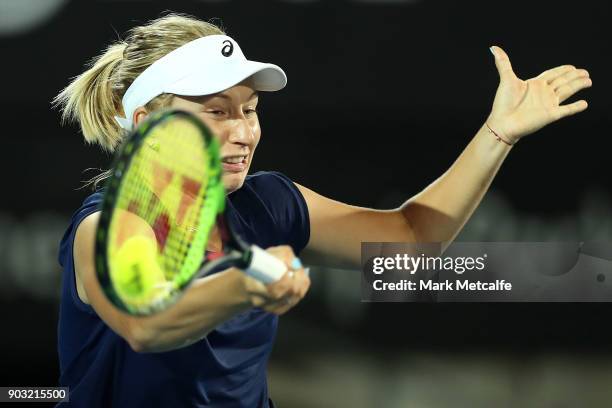 Daria Gavrilova of Australia plays a forehand in her second round match against Samantha Stosur of Australia during day four of the 2018 Sydney...