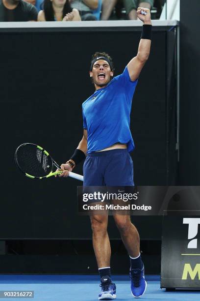 Rafael Nadal of Spain hits a backhand reacts during the Tie Break Tens ahead of the 2018 Australian Open at Margaret Court Arena on January 10, 2018...