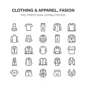 Clothing, fasion flat line icons. Men, women apparel - dress, down jacket, jeans, underwear, sweatshirt. Thin linear signs for clothes and accessories store. Pixel perfect 64x64