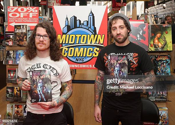 Drummer Andy Hurley and guitarist Joe Trohman of the band Fall Out Boy promote their new comic book, "FOB Presents Fall Out Toy Works" at Midtown...