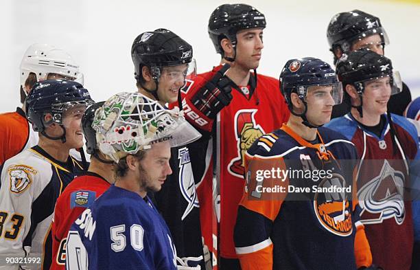 Jonas Gustavsson of the Toronto Maple Leafs, Mikael Backlund of the Calgary Flames, Colin Wilson of the Nashville Predators, James Van Riemsdyk of...