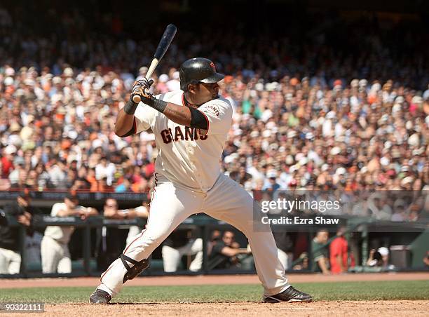 Pablo Sandoval of the San Francisco Giants bats against the Colorado Rockies at AT&T Park on August 30, 2009 in San Francisco, California.