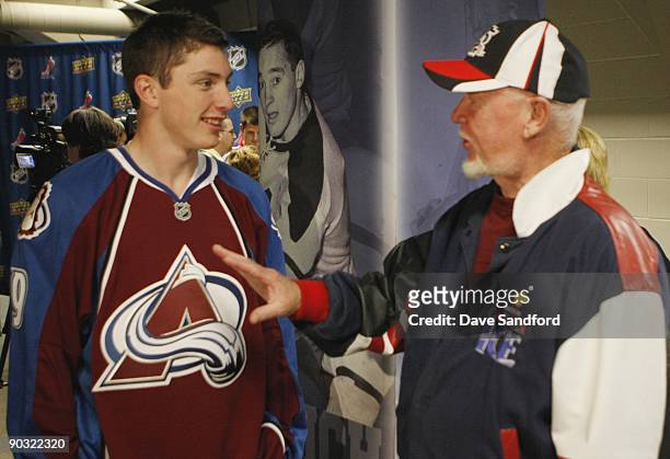 Matt Duchene of the Colorado Avalanche talks with hockey commentator Don Cherry during the Upper Deck NHL Rookie Debut on August 26, 2009 at the...