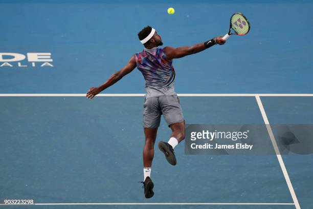 Frances Tiafoe of the United States competes in his match against Thanasi Kokkinakis of Australia on day three of the 2018 World Tennis Challenge at...