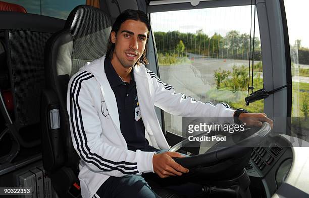 National player Sami Khedira poses in the team bus during a safety training at the ADAC center on September 3, 2009 in Grevenbroich, Germany.