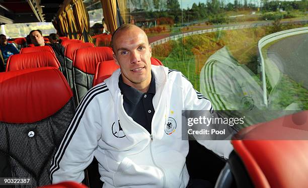 National goalkeeper Robert Enke sits inside the team bus during a safety training at the ADAC center on September 3, 2009 in Grevenbroich, Germany.