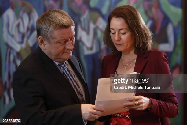 German Family Minister Katarina Barley and german erman Health Minister Hermann Groehe arrive for a cabinet meeting of Germany's interim government...