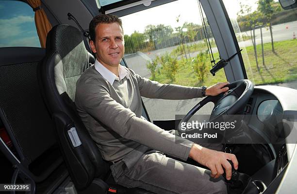 National team manager Oliver Bierhoff poses in the team bus during a safety training at the ADAC center on September 3, 2009 in Grevenbroich, Germany.