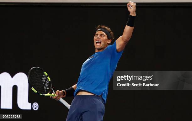 Rafael Nadal of Spain celebrates after winning a point in his semi final match against Lleyton Hewitt of Australia during the Tie Break Tens ahead of...