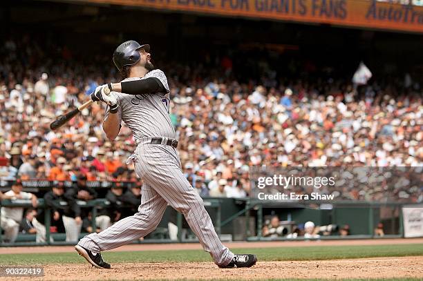 Todd Helton of the Colorado Rockies bats against the San Francisco Giants in the fifth inning at AT&T Park on August 30, 2009 in San Francisco,...