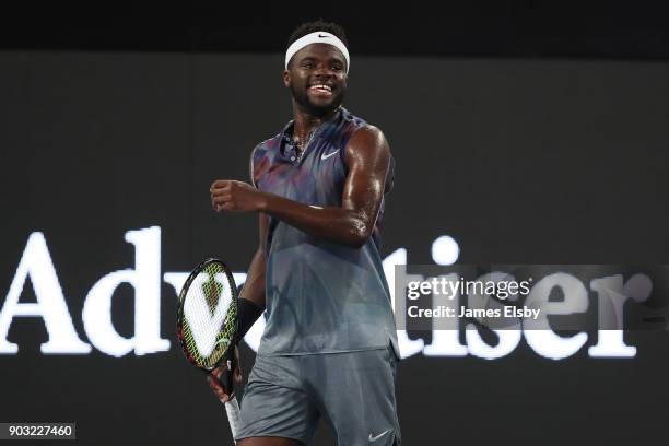 Frances Tiafoe of the United States reacts in his match against Thanasi Kokkinakis of Australia on day three of the 2018 World Tennis Challenge at...