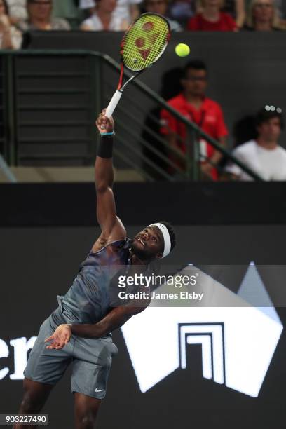 Frances Tiafoe of the United States competes in his match against Thanasi Kokkinakis of Australia on day three of the 2018 World Tennis Challenge at...