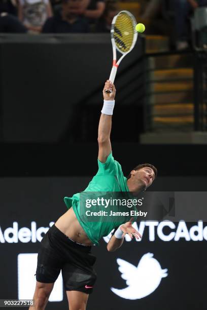 Thanasi Kokkinakis of Australia competes in his match against Frances Tiafoe of the United States on day three of the 2018 World Tennis Challenge at...