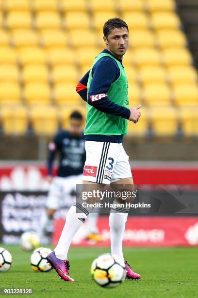 Dino Djulbic of the Victory warms up during the round 15 A-League match between the Wellington Phoenix and Melbourne Victory at Westpac Stadium on...