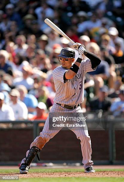 Carlos Gonzalez of the Colorado Rockies bats against the San Francisco Giants at AT&T Park on August 30, 2009 in San Francisco, California.