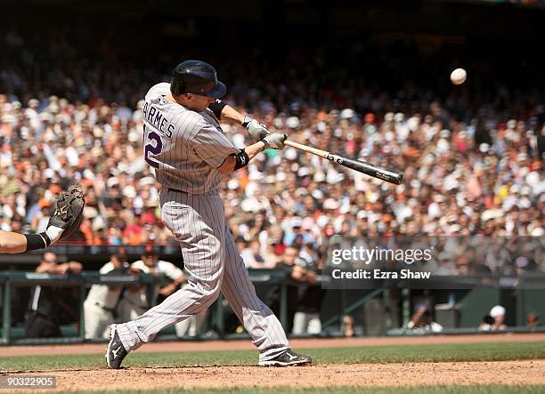 Clint Barmes of the Colorado Rockies bats against the San Francisco Giants at AT&T Park on August 30, 2009 in San Francisco, California.