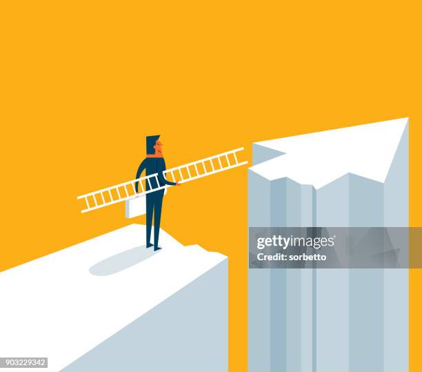 businessman on standing between chasm and success - man thinking outside stock illustrations
