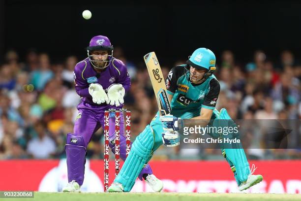 Sam Heazlett of the Heat bats during the Big Bash League match between the Brisbane Heat and the Hobart Hurricanes at The Gabba on January 10, 2018...