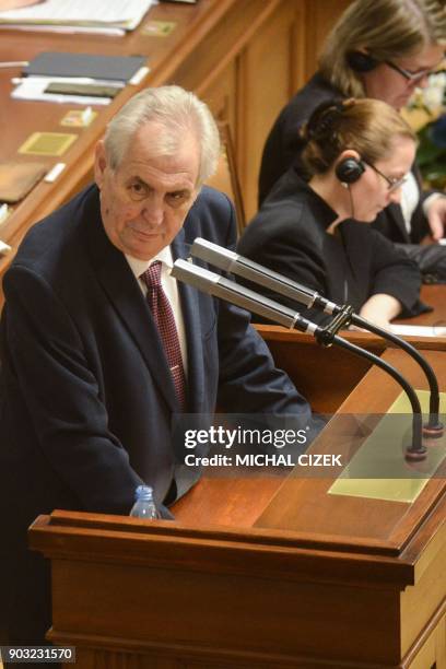 Czech President Milos Zeman gives a speech on January 10, 2018 in the Czech Parliament in Prague. Czech Republic's Parliament gathered for a...