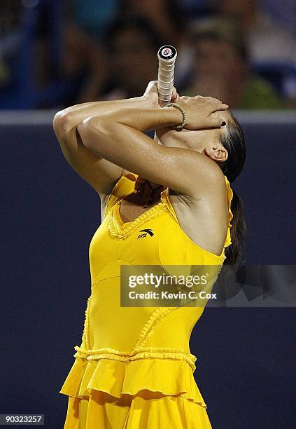 Jelena Jankovic of Serbia reacts after defeating Elena Dementieva of Russia in the semifinals of the Western & Southern Financial Group Women's Open...