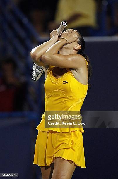 Jelena Jankovic of Serbia reacts after defeating Elena Dementieva of Russia in the semifinals of the Western & Southern Financial Group Women's Open...