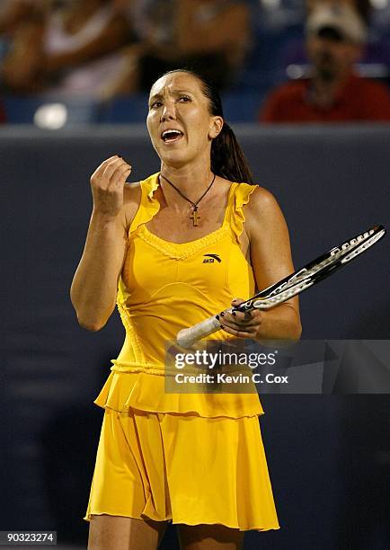 Jelena Jankovic of Serbia reacts after a point during her semifinals match against Elena Dementieva of Russia in the Western & Southern Financial...