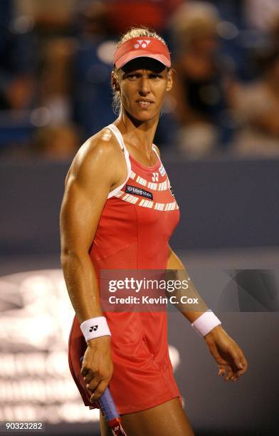 Elena Dementieva of Russia looks on during her semifinals match against Jelena Jankovic of Serbia during the Western & Southern Financial Group...