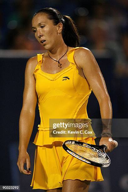 Jelena Jankovic of Serbia looks on during a break in her semifinals match against Elena Dementieva of Russia in the Western & Southern Financial...