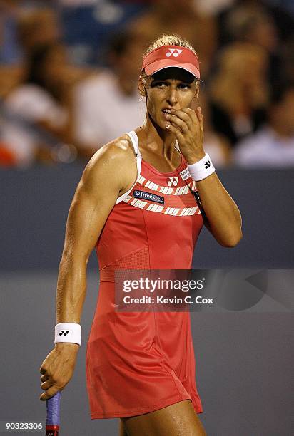 Elena Dementieva of Russia looks on during her semifinals match against Jelena Jankovic of Serbia during the Western & Southern Financial Group...