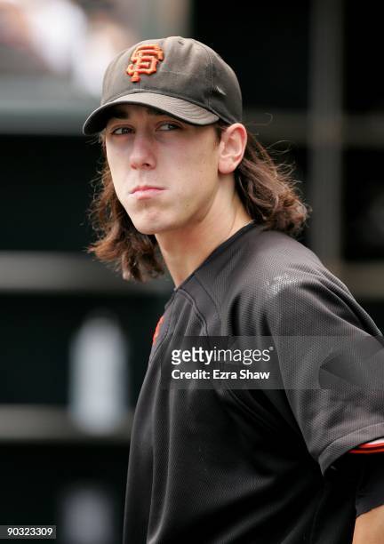 Tim Lincecum of the San Francisco Giants stands in the dugout before their game against the Colorado Rockies at AT&T Park on August 30, 2009 in San...