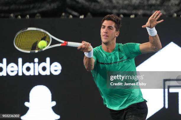 Thanasi Kokkinakis of Australia competes in his match against Frances Tiafoe of the USA on day three of the 2018 World Tennis Challenge at Memorial...