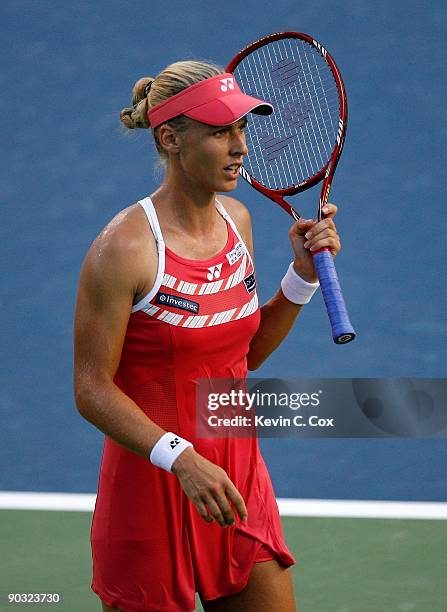 Elena Dementieva of Russia looks on during her semifinals match against Jelena Jankovic of Serbia during the Western & Southern Financial Group...