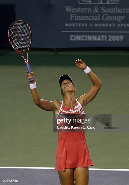 Elena Dementieva of Russia reacts after a point during her semifinals match against Jelena Jankovic of Serbia in the Western & Southern Financial...