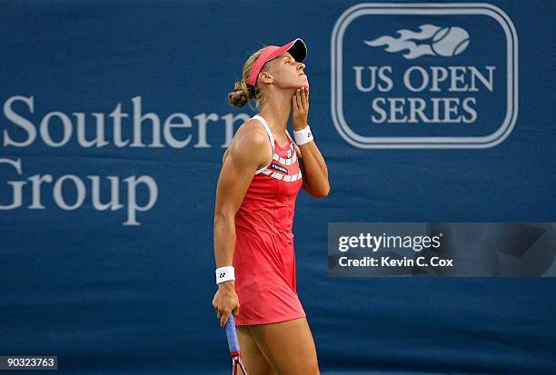 Elena Dementieva of Russia reacts after a point during her semifinals match against Jelena Jankovic of Serbia in the Western & Southern Financial...