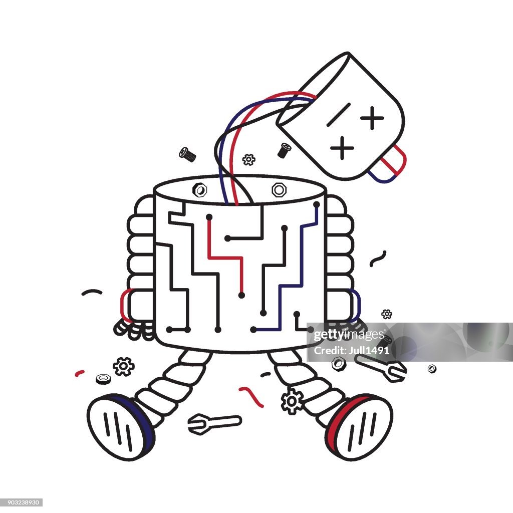 Broken robot with the surrounding parts and tools. Contour style.