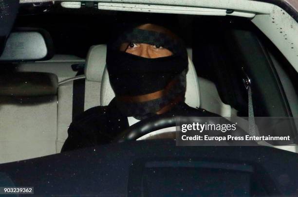 Real Madrid football player Cristiano Ronaldo is seen leaving a restaurant hiding his face with scarfs on January 9, 2018 in Madrid, Spain.