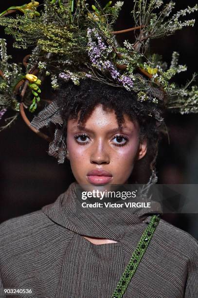 Model walks the runway at the Kiko Kostadinov Fall/Winter 2018/2019 show during London Fashion Week Men's January 2018 at Old Selfridges Hotel on...