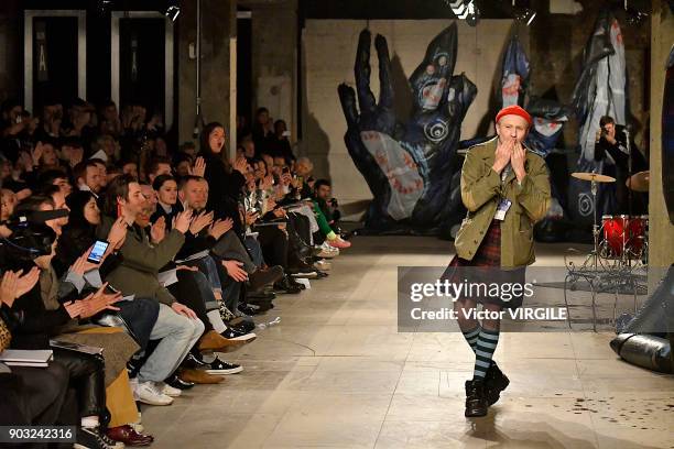 Designer Charles Jeffrey walks the runway at the Charles Jeffrey LOVERBOY show during London Fashion Week Men's January 2018 at Old Selfridges Hotel...