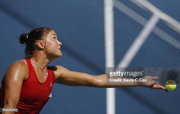 Dinara Safina of Russia serves during Day 5 of the Western & Southern Financial Group Women's Open on August 14, 2009 at the Lindner Family Tennis...
