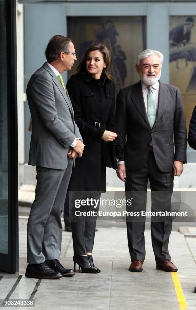 Queen Letizia of Spain and Jose Antonio Vera is seen arriving at a meeting at Fundeu BBVA on January 10, 2018 in Madrid, Spain.
