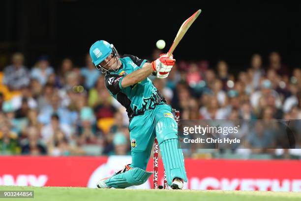 James Peirson of the Heat bats during the Big Bash League match between the Brisbane Heat and the Hobart Hurricanes at The Gabba on January 10, 2018...
