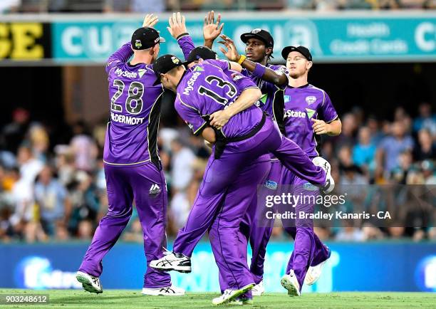 The Hurricanes celebrate victory after the Big Bash League match between the Brisbane Heat and the Hobart Hurricanes at The Gabba on January 10, 2018...