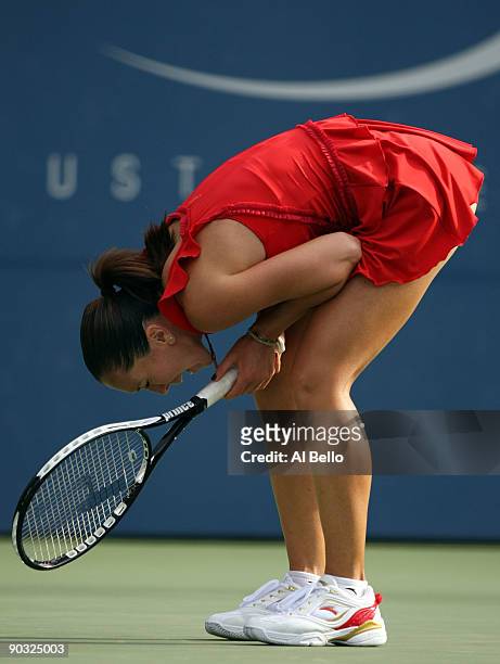 Jelena Jankovic of Serbia reacts after losing a point to Yaroslava Shvedova of Kazakhstan during day four of the 2009 U.S. Open at the USTA Billie...