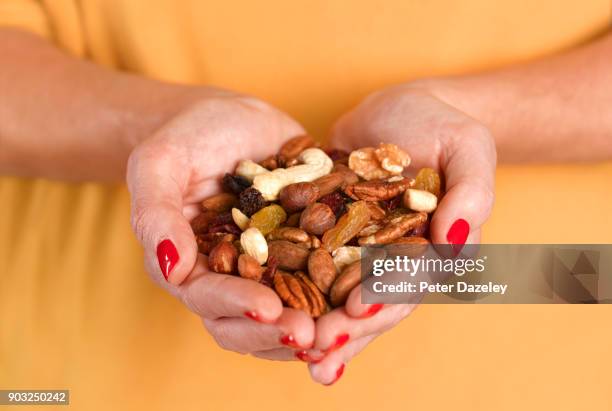 hands holding a selection of nuts - handful stock pictures, royalty-free photos & images